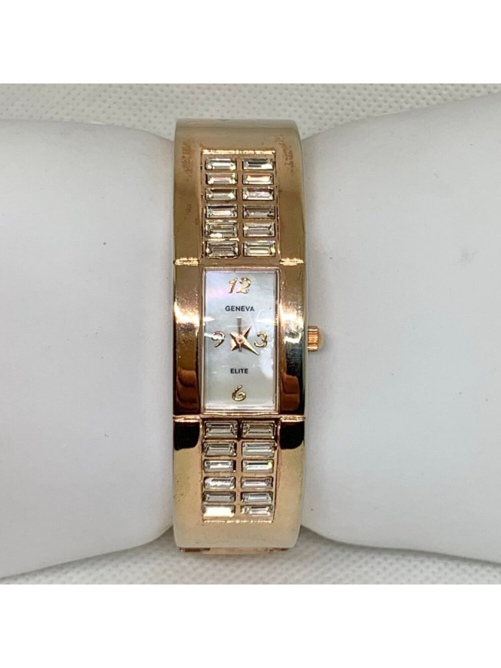 Geneva Elite rose gold tone women’s cuff bracelet watch 18mm mop dial 7” running